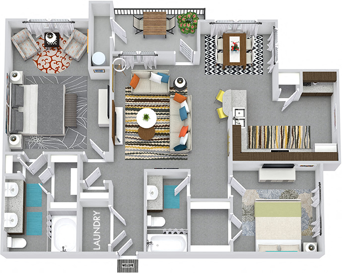 Floor plan for 2 beds, 2 baths, 1136 sqft
